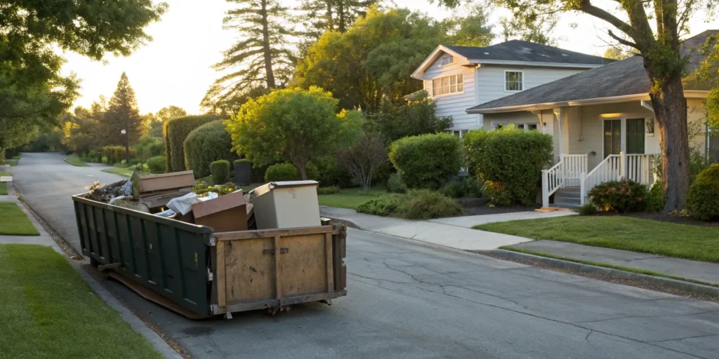 Heavy trash removal dumpster filled with bulky items in a residential driveway.