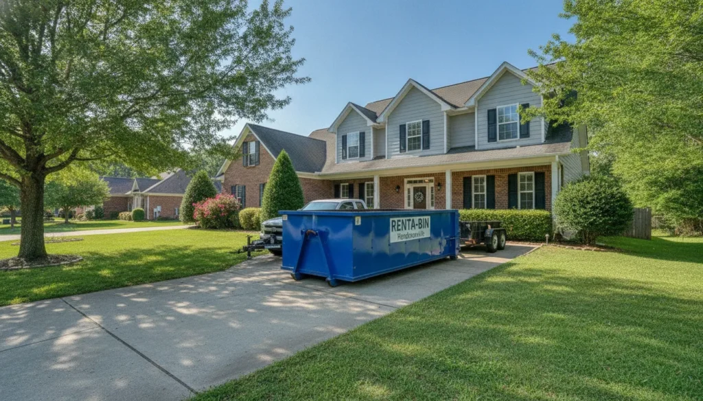 Driveway-friendly 15-yard dumpster rental in front of suburban home in Hendersonville TN