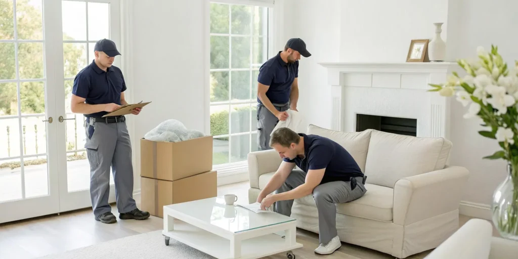 Professional cleanout team carefully sorting belongings in a home after a death.