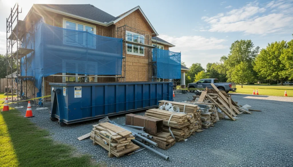 Roll-off dumpster beside a residential home renovation