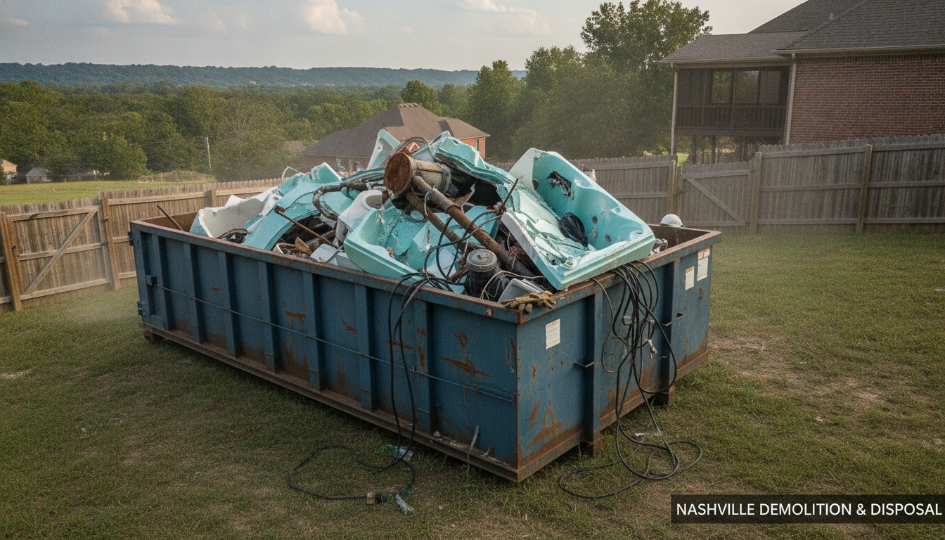 A dumpster filled with broken hot tub fiberglass and metal parts, set in a Nashville backyard