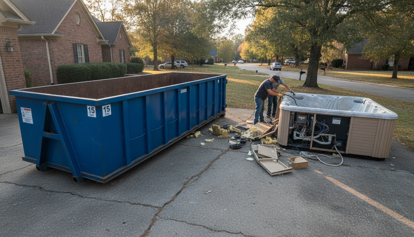 A 15-yard roll-off dumpster sitting on a Nashville residential driveway next to an old hot tub being disassembled