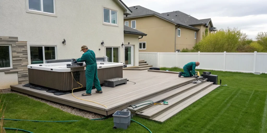 A professional crew performing hot tub removal on a backyard deck.