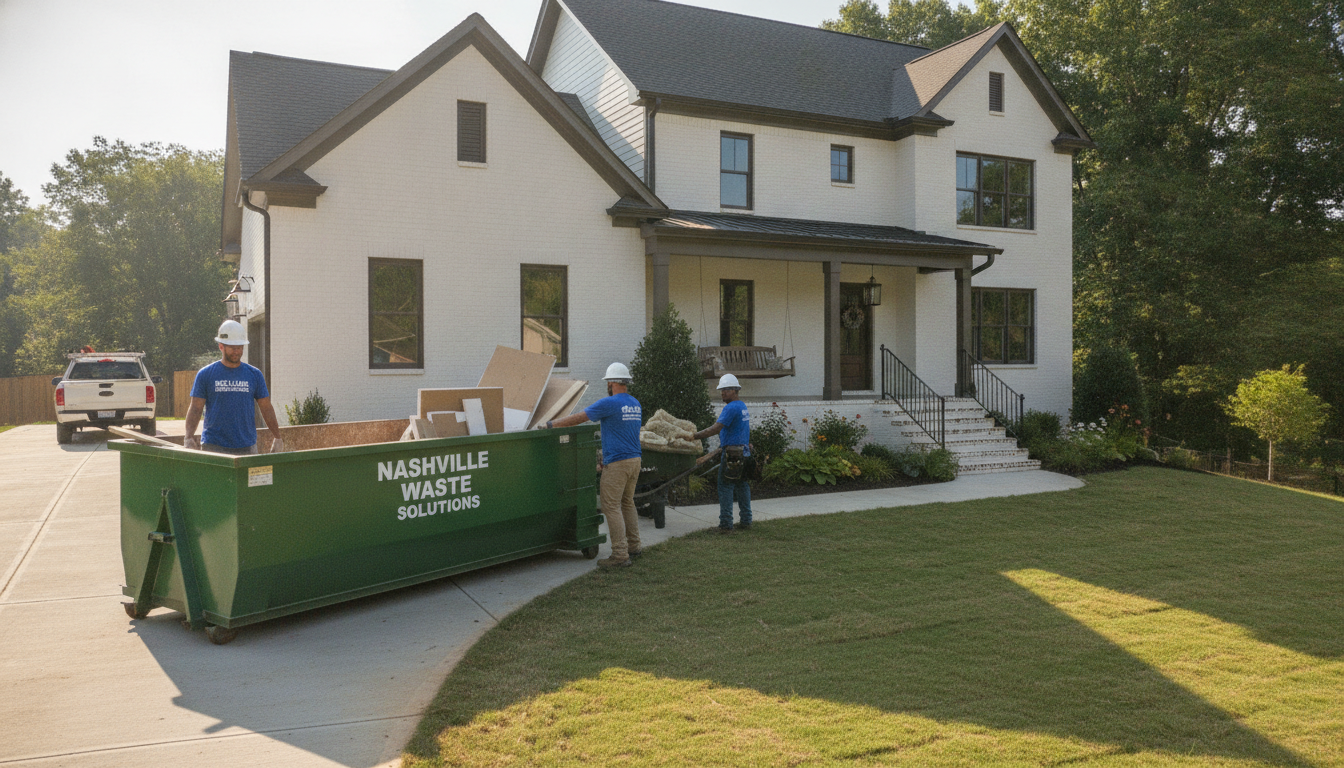 A Nashville home exterior with a dumpster in the driveway and professional workers loading debris