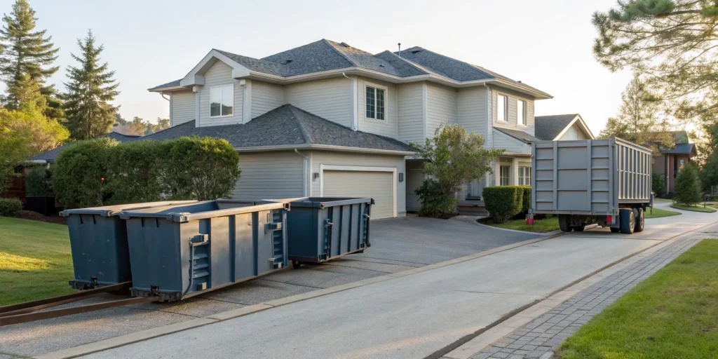 A roll-off dumpster in a driveway for a residential roof shingle replacement project.