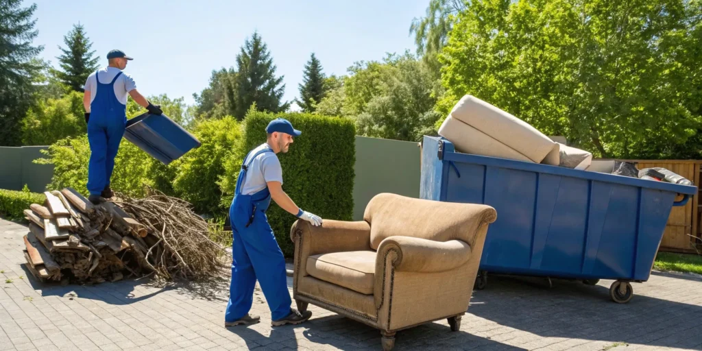Junk removal workers loading old furniture into a dumpster.