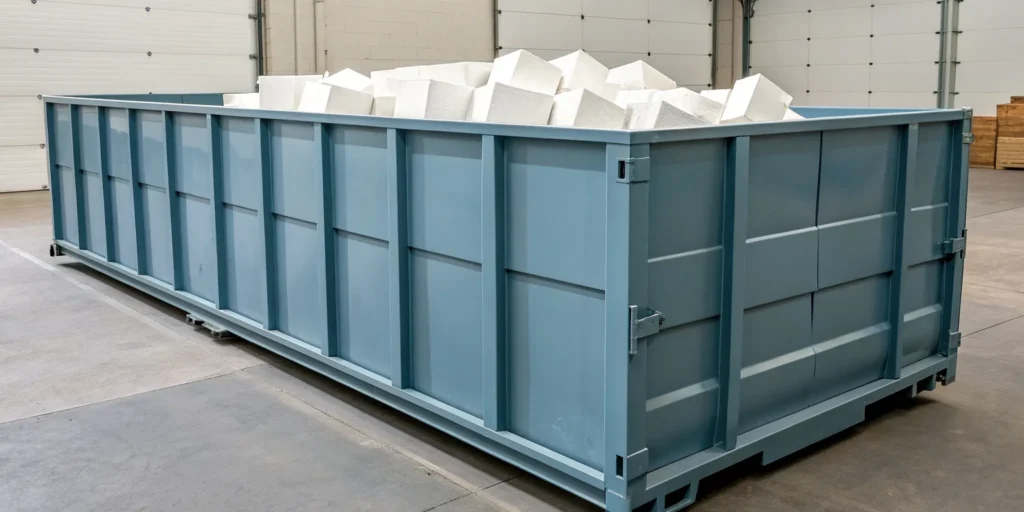 How much a 15 yard dumpster holds, filled with bulky debris from a home renovation project.