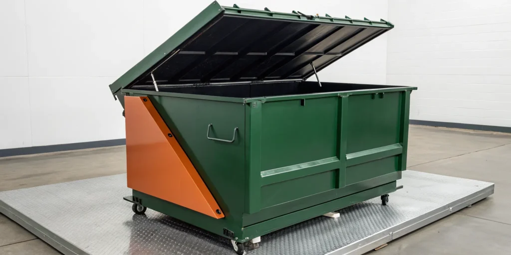 The empty weight of a standard green 2-yard dumpster on wheels.