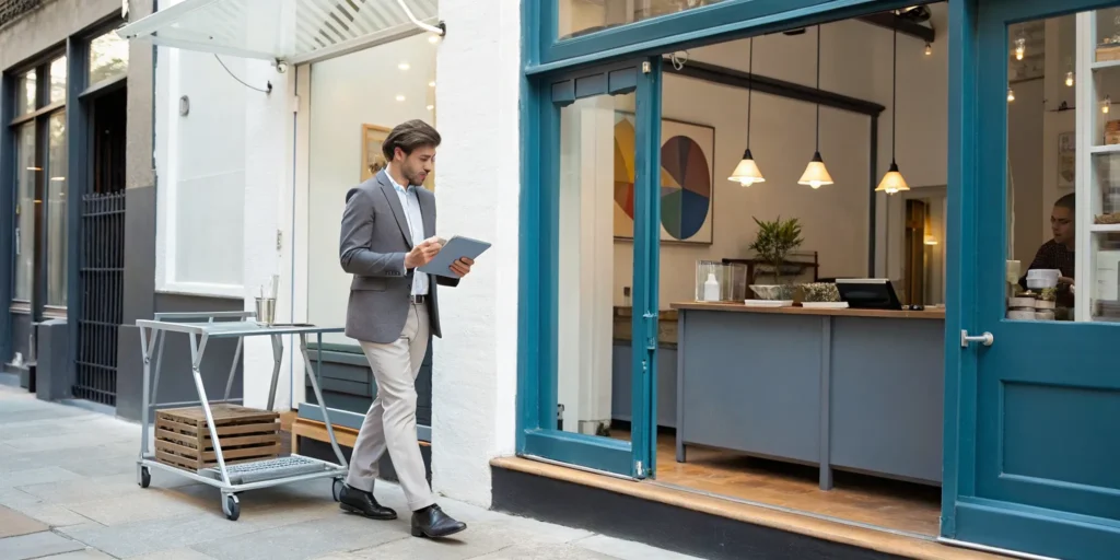 Small business owner outside a shop researching the cost of a dumpster rental.