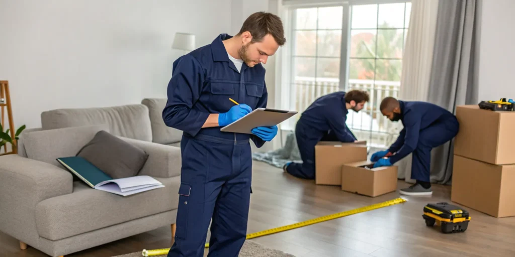Team of cleaners calculating the cost to clean out a hoarder house.