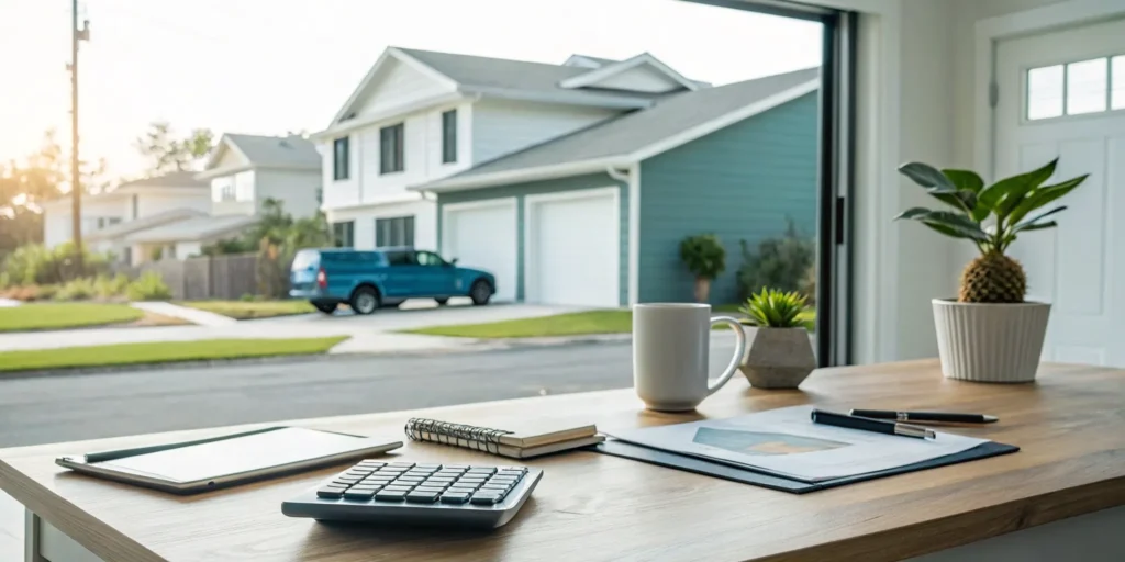 Person at a desk with a calculator figuring out the cost to rent a dumpster for 1 day.