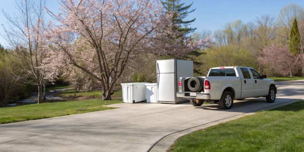 Old appliances on a driveway ready for a scheduled appliance recycling pickup.