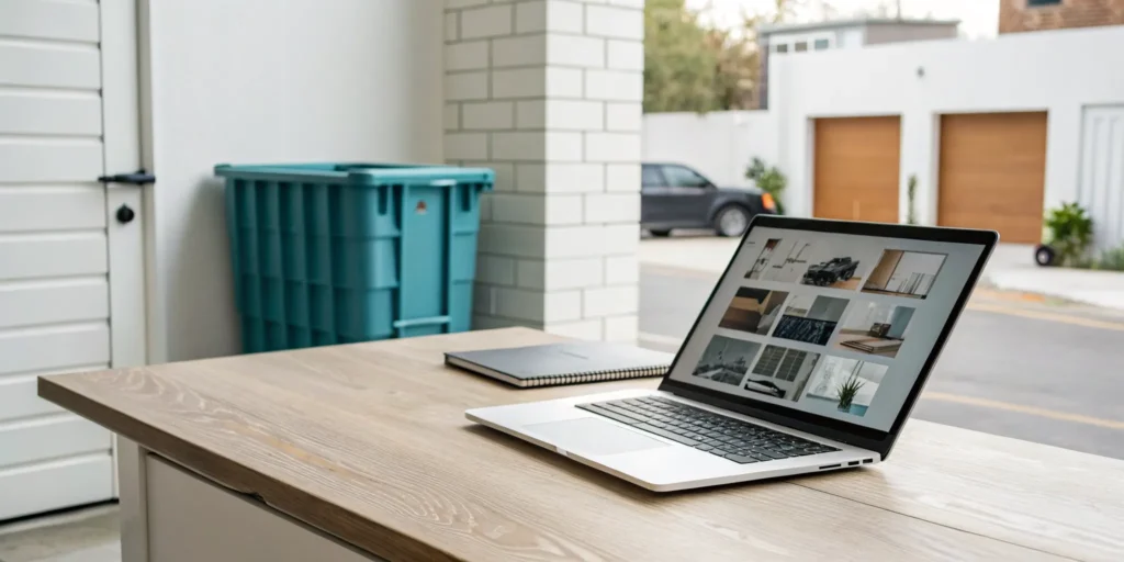 A person uses a laptop to book a 15 yard dumpster online for a home project.
