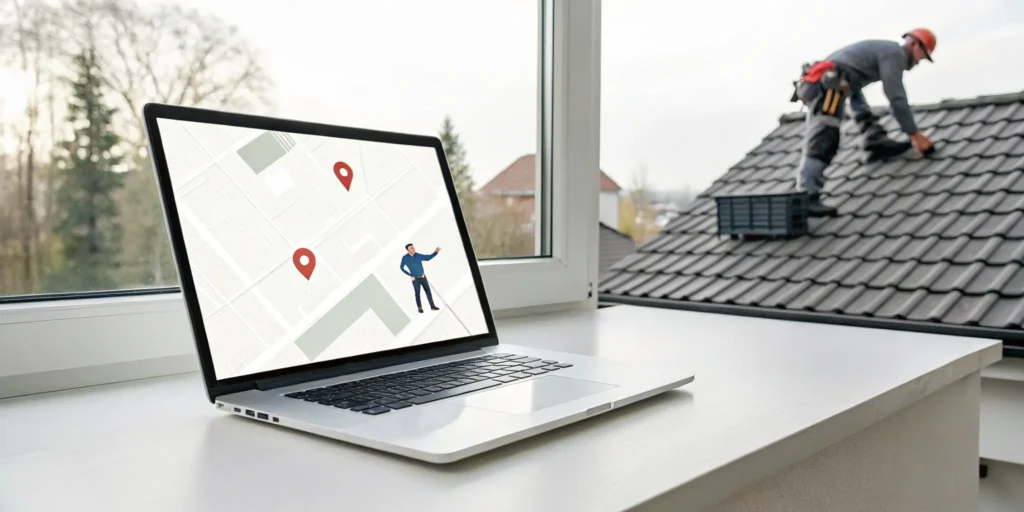 Booking a dumpster for roofing shingles online while watching a roofer work.