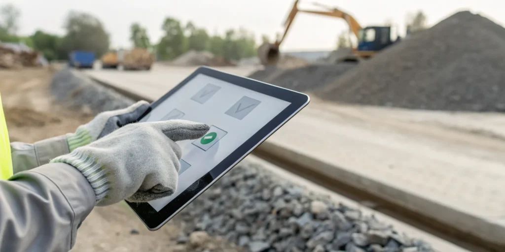 Construction worker booking a dumpster online for construction debris on a tablet.