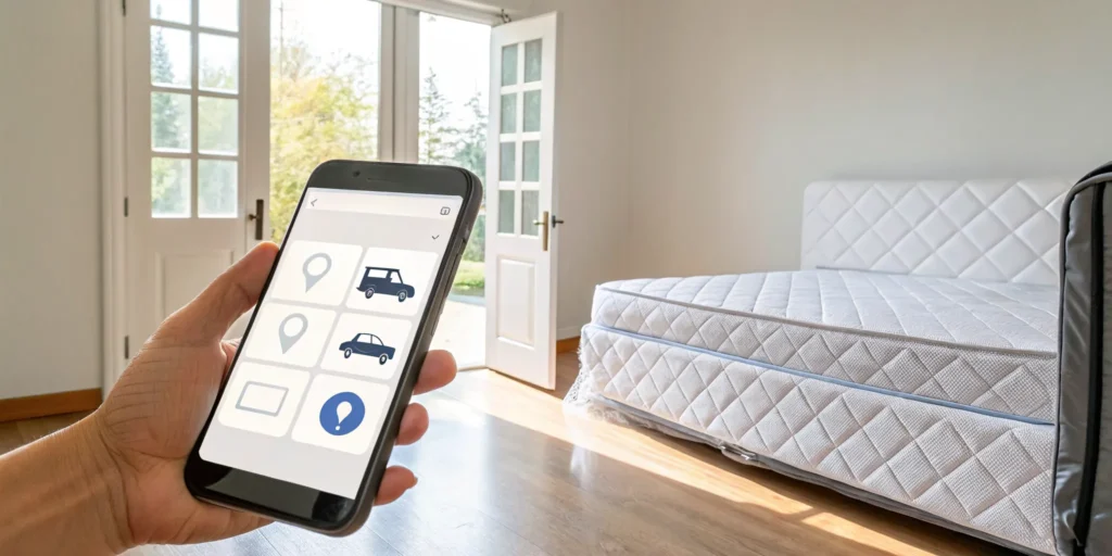 A person books a mattress pickup service on their smartphone.