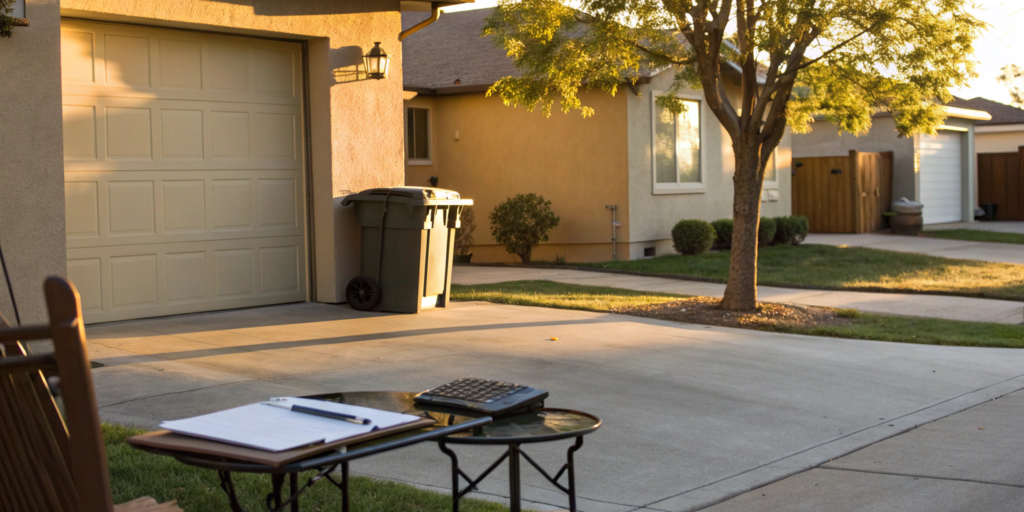 A clipboard with paperwork used to calculate the monthly dumpster rental cost.