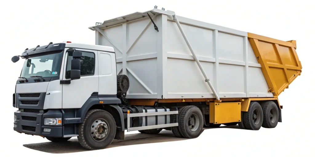 Large construction waste disposal bin being delivered to a building site.