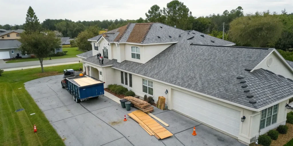 A roll-off dumpster rental for old asphalt shingles from a roof replacement project.