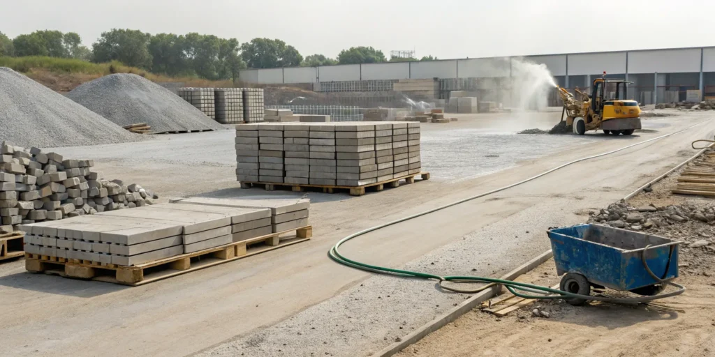 Disposing of concrete at a recycling facility with piles of broken blocks and heavy machinery.