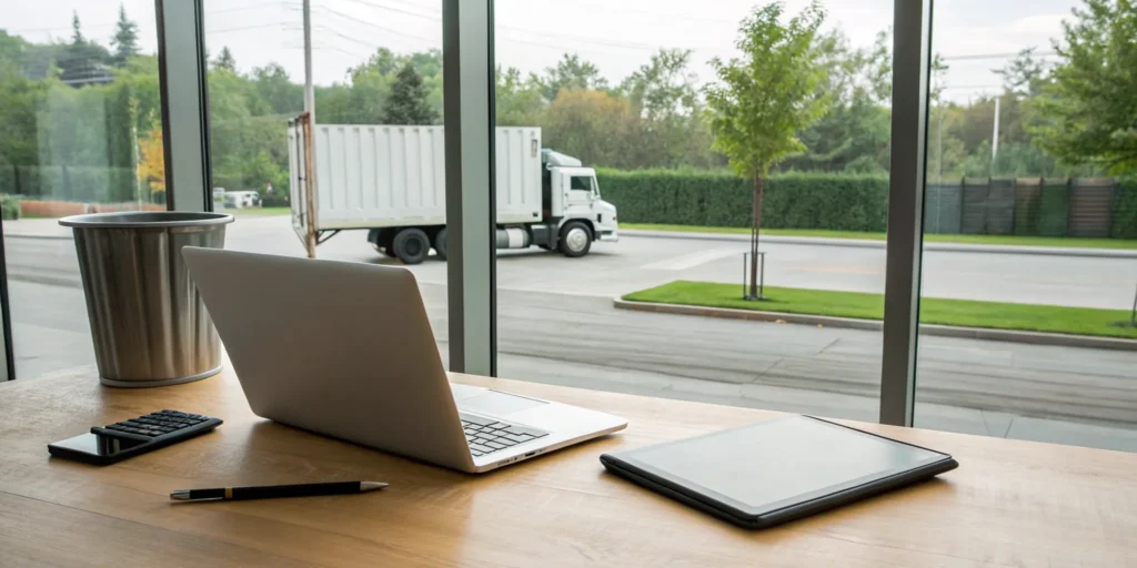 A person at a desk with a laptop, looking out the window at their affordable dumpster rental.