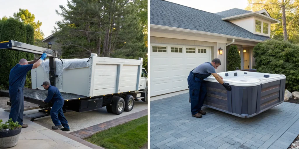 Two workers getting rid of an old hot tub by loading it onto a removal truck.
