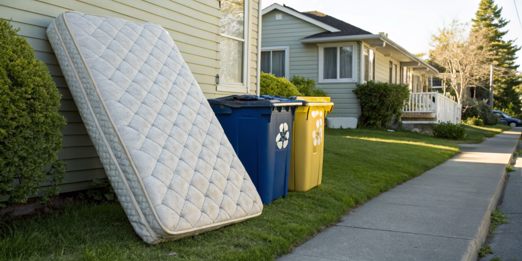 Old mattress on the curb next to recycling bins, ready for proper disposal.