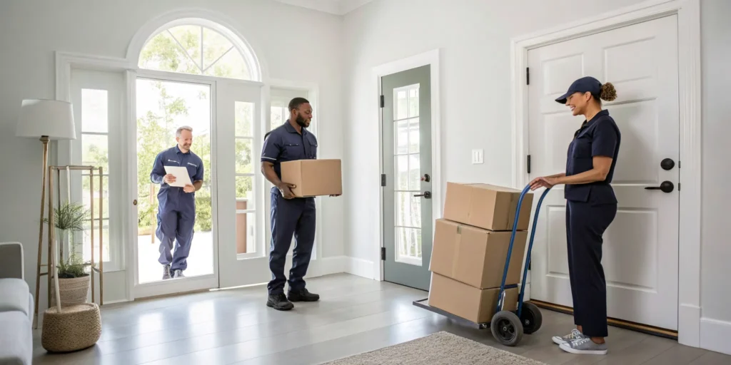 A house cleanout company team hired to remove boxes and unwanted furniture.