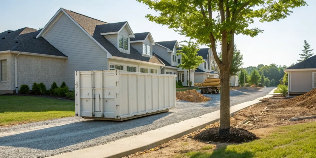 A white roll-off dumpster from a small business dumpster service parked at a commercial building.