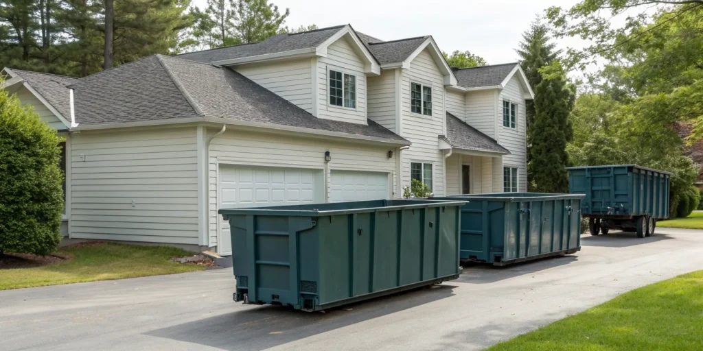 A dumpster for shingles sits in a residential driveway during a roofing project.