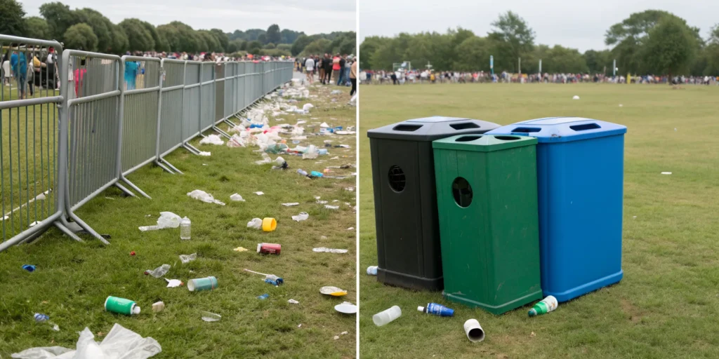 A field littered with festival trash next to empty recycling bins.