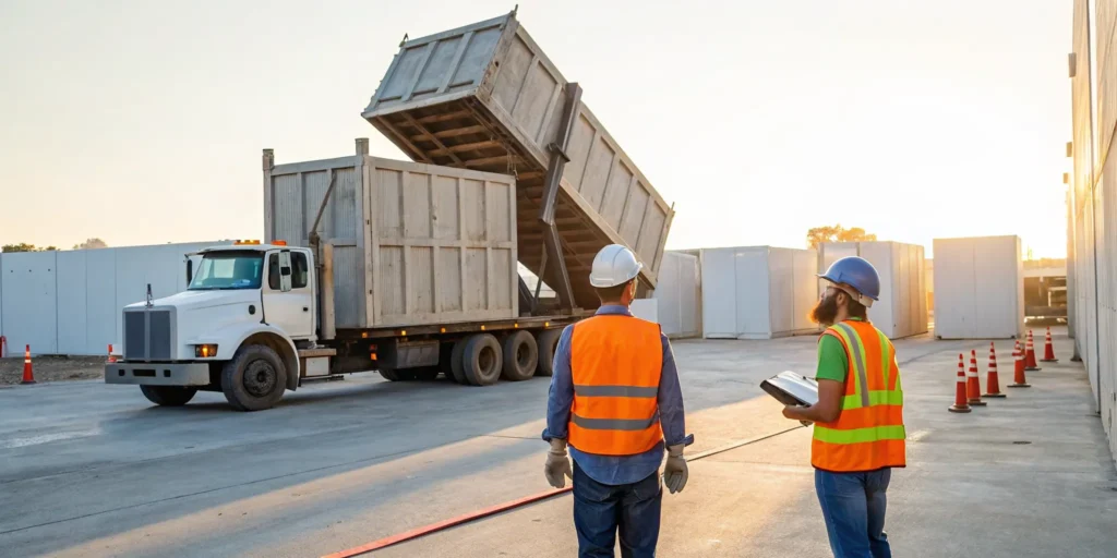 A large rental dumpster for construction debris is delivered by truck.