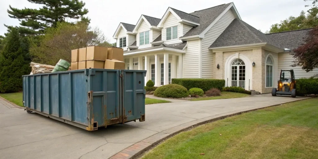 A rental dumpster for an estate cleanout sits in a residential driveway.