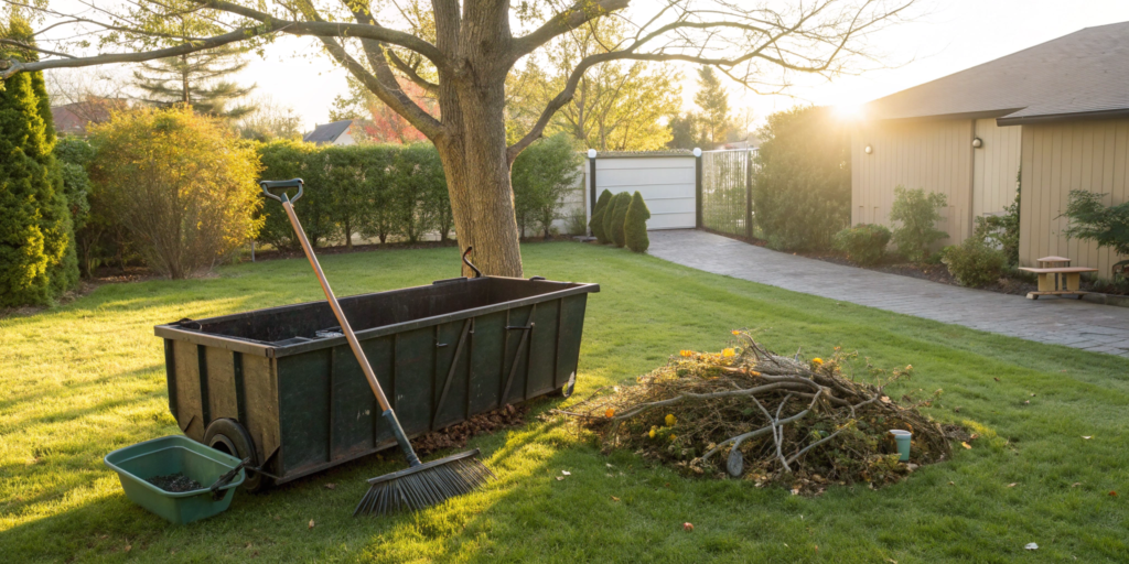 A dumpster rental for yard waste sits on a lawn next to a rake and a pile of branches.