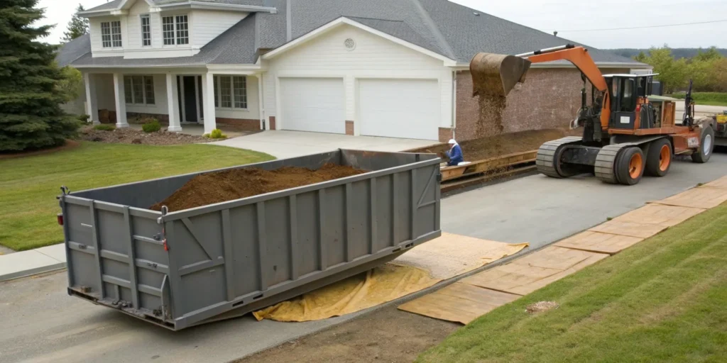 Roll-off dumpster for dirt removal being filled by an excavator in a driveway.