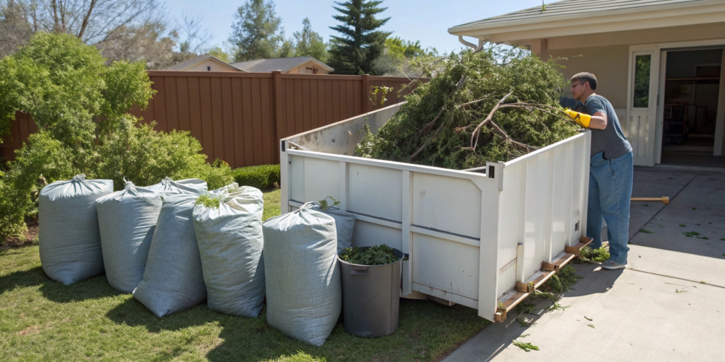 Man loading branches and other yard waste into a rental dumpster.