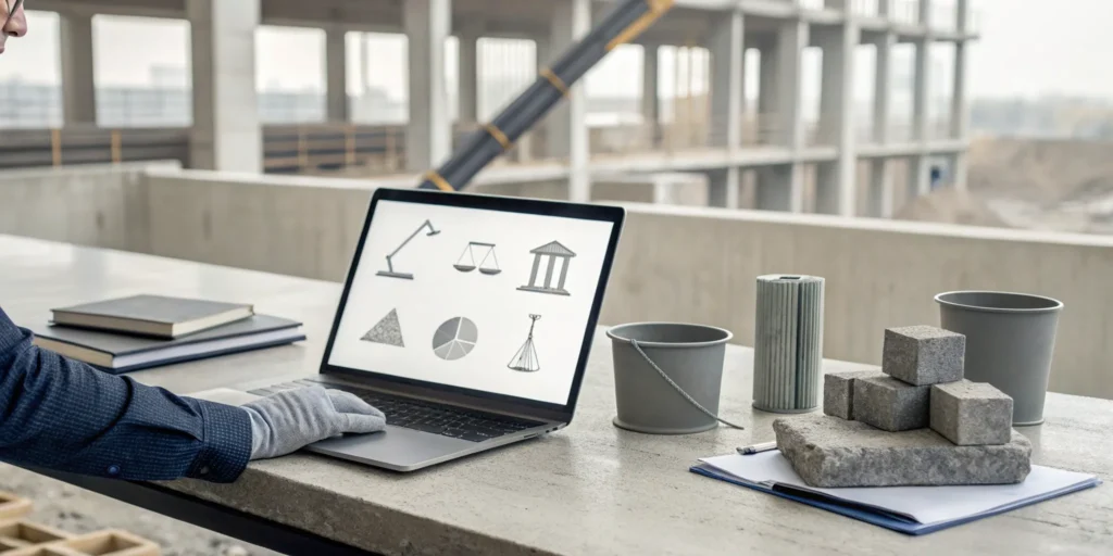 Using a dumpster calculator on a laptop to estimate the weight of concrete debris.