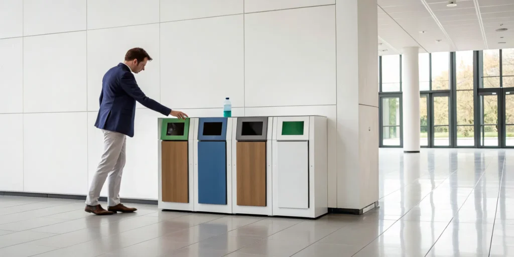 Man throwing away trash into a commercial waste bin from a removal service.