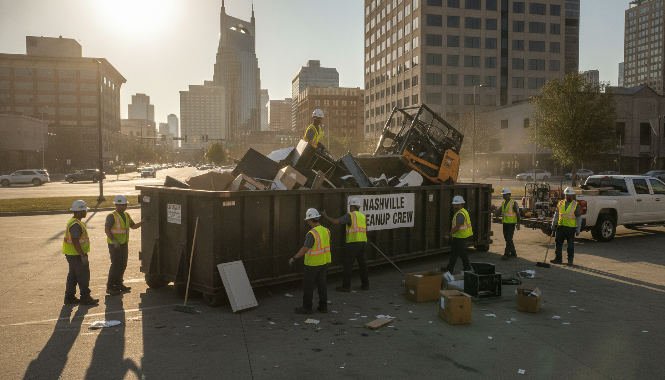 Professional crew loading office furniture and debris into a dumpster for office cleanout