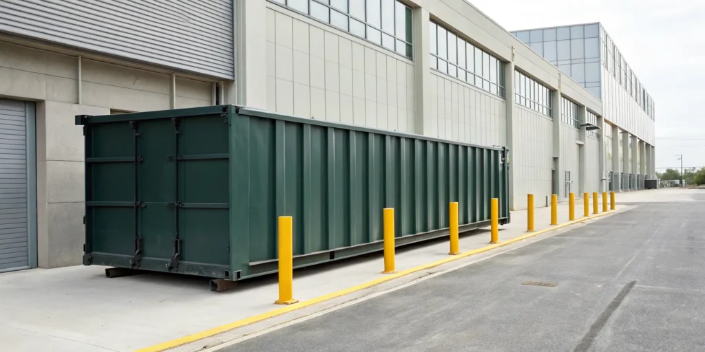 A 15 yard dumpster for business waste outside of a commercial building.