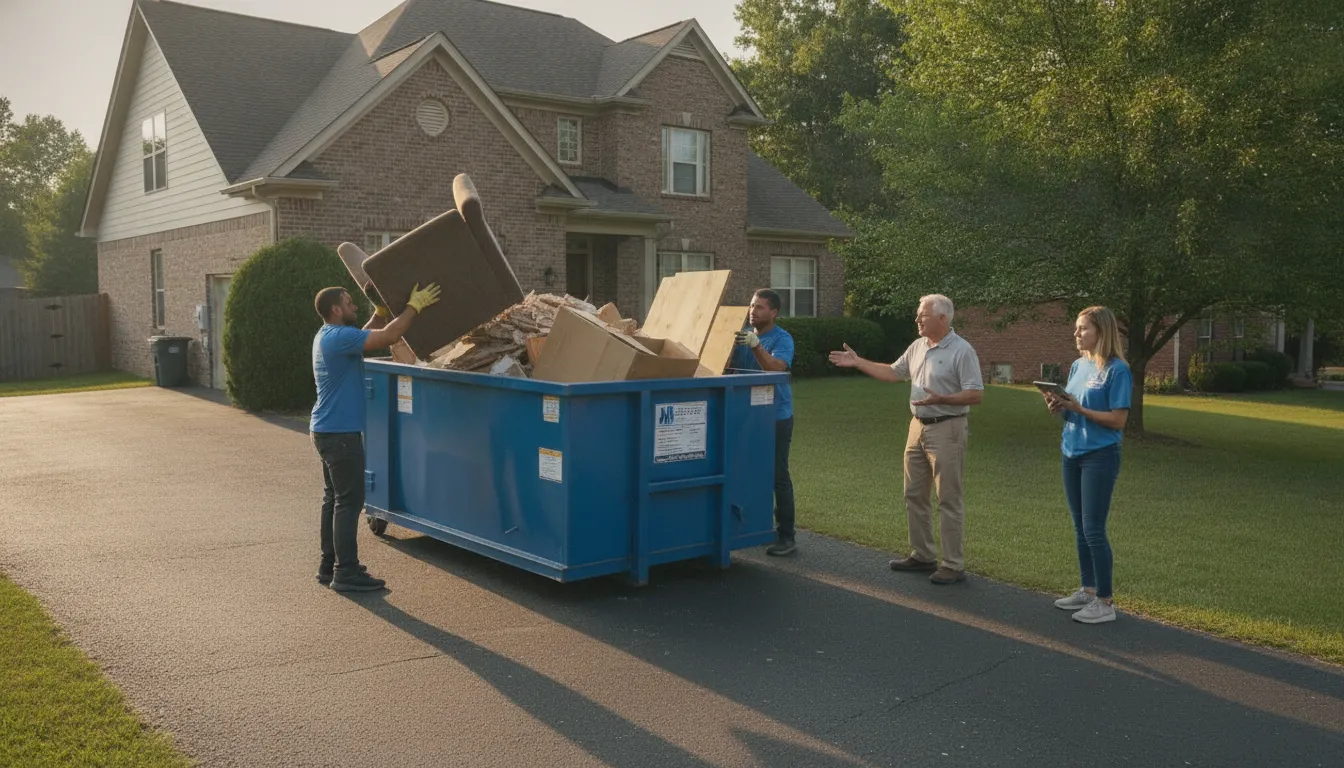 Junk removal crew loading furniture and renovation debris beside an Antioch driveway