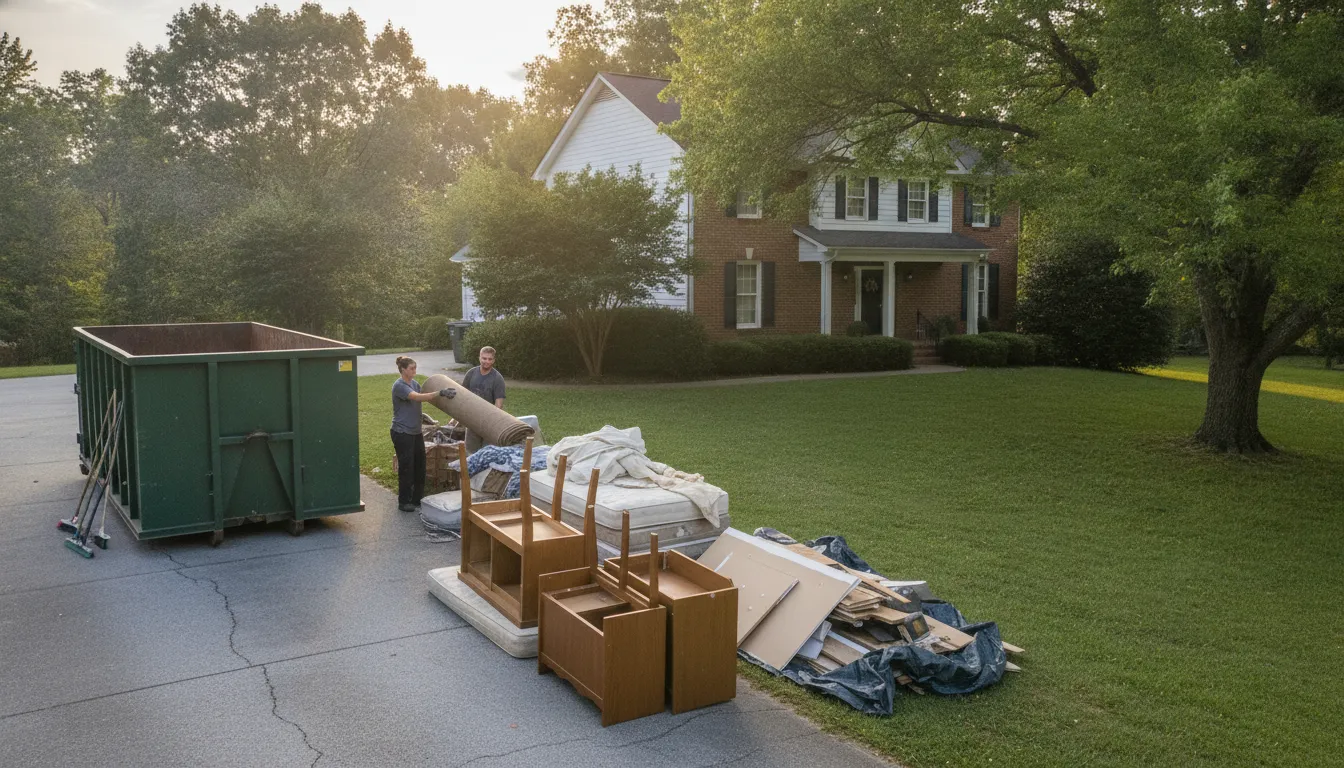 Sorted household and renovation debris beside a driveway-friendly roll-off dumpster