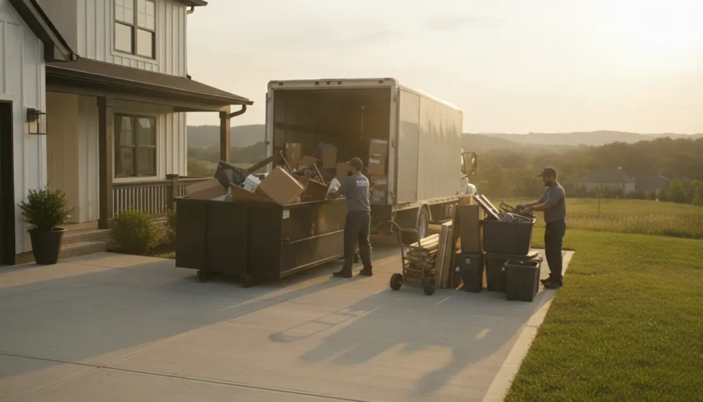 Owner-operated crew loading household and renovation debris near a Nashville driveway