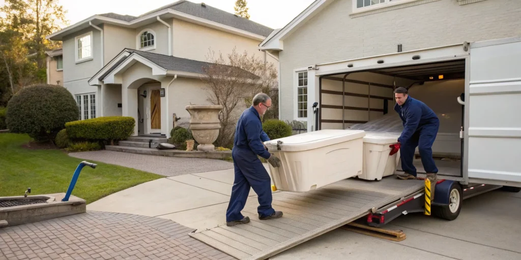 Professional junk removal team loading a hot tub onto a truck.