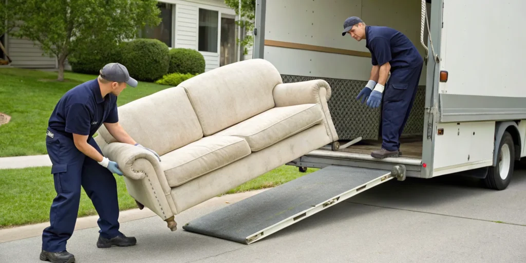 Junk removal professionals loading an old couch onto a truck for disposal.