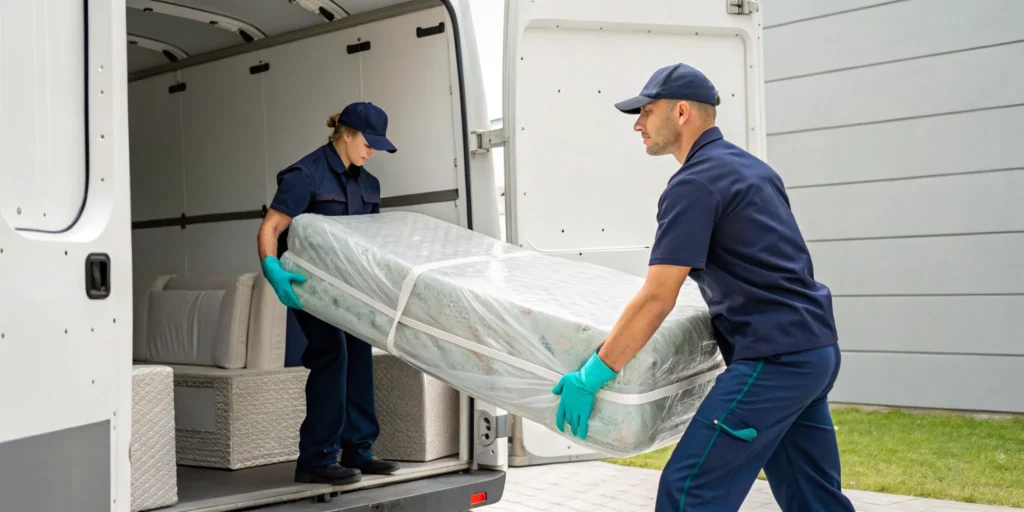 Junk removal professionals loading an old mattress onto a truck.