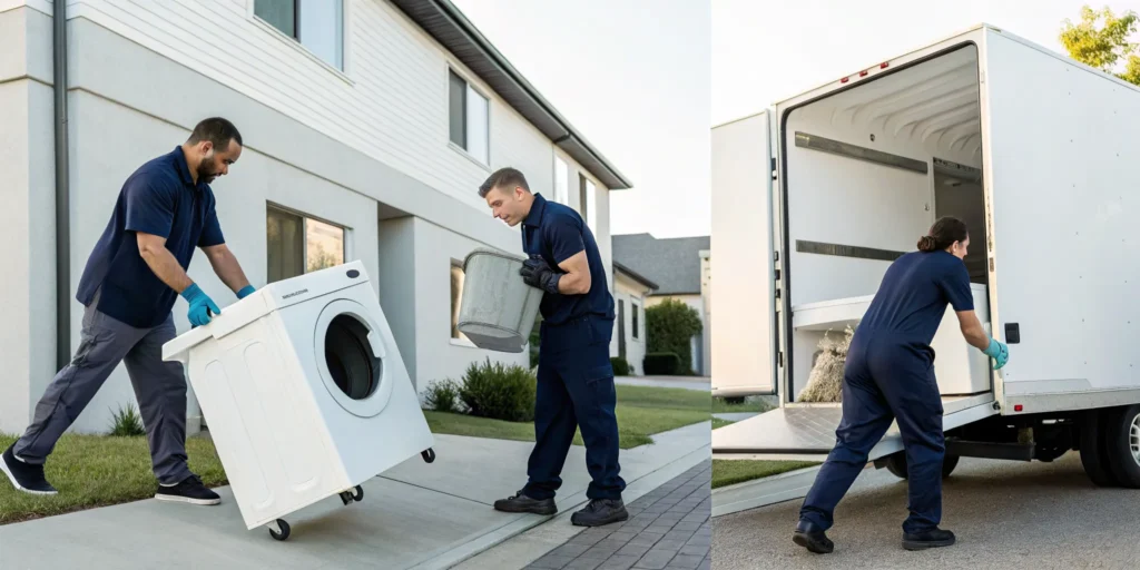 Junk removal for a washing machine with movers loading it onto a truck for disposal or recycling.