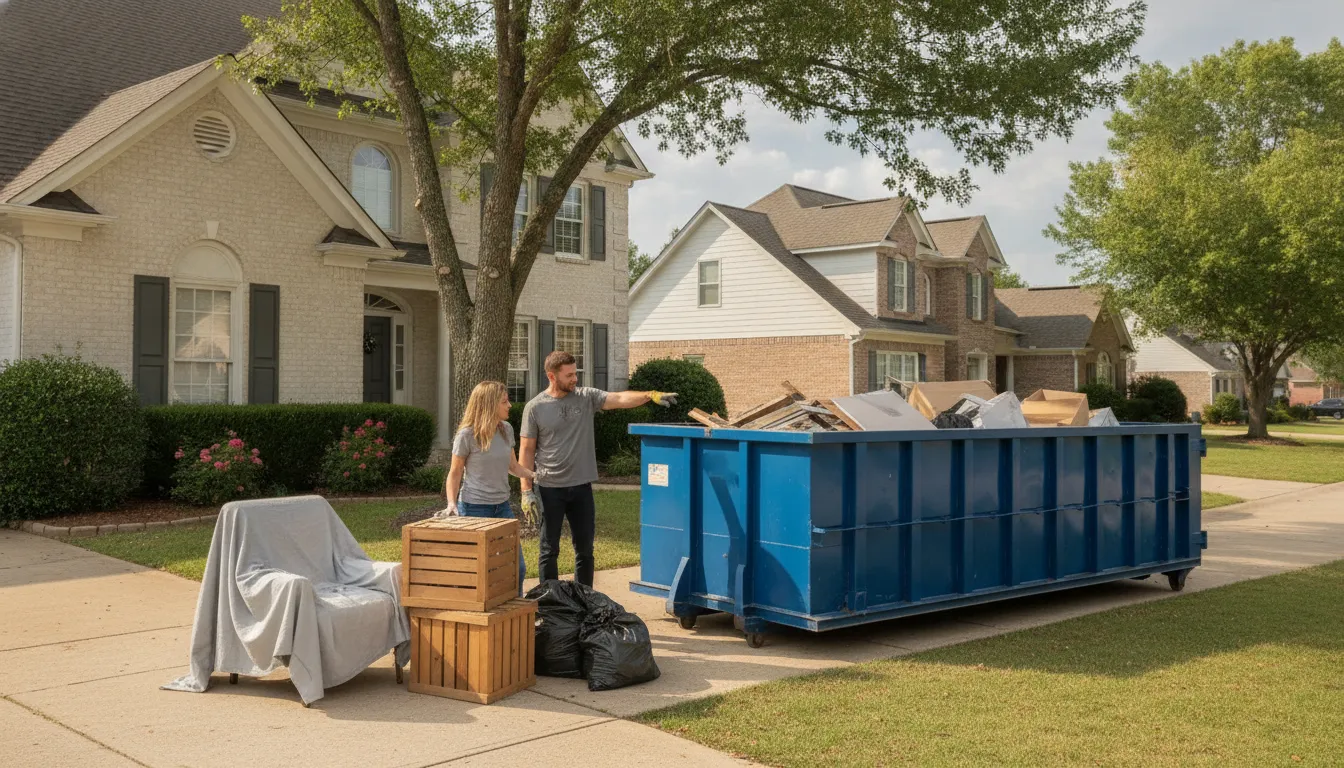 Contractor and homeowner organizing renovation debris beside a driveway-friendly roll-off dumpster