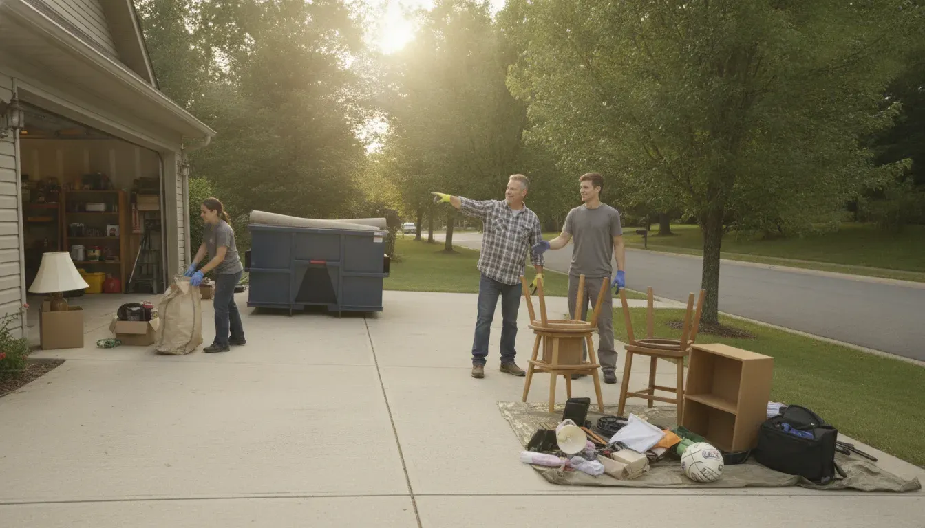 Homeowner and workers organizing a La Vergne garage cleanout beside a driveway-friendly roll-off dumpster