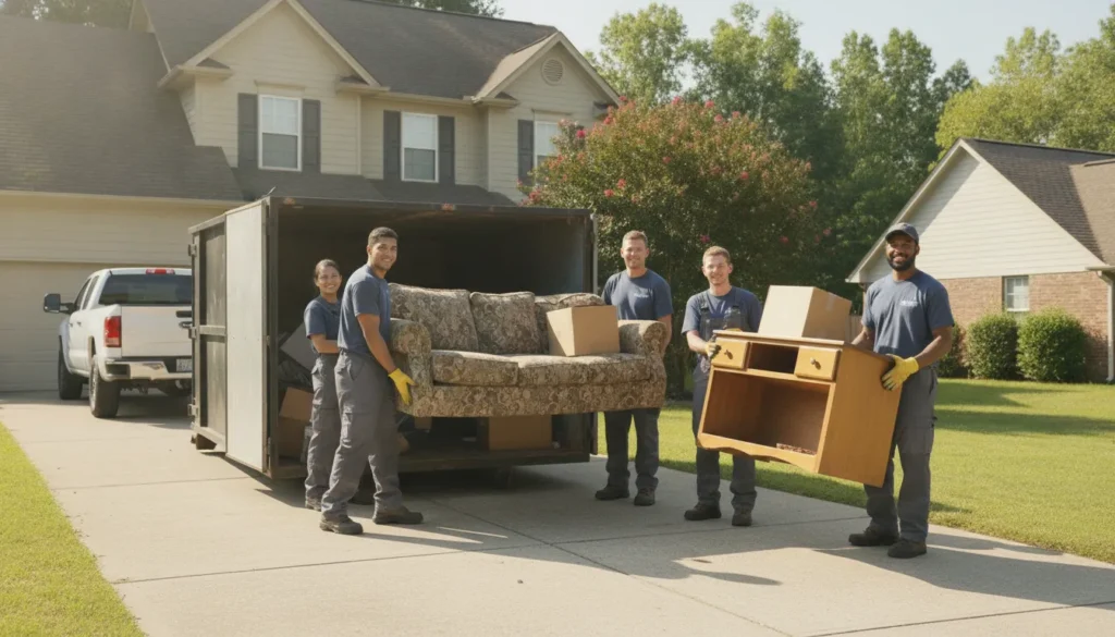 Junk removal crew loading a roll-off dumpster in a Nashville driveway